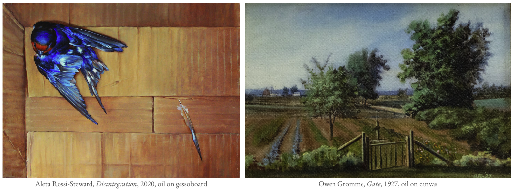 Left: Aleta Rossi-Steward, Disintegration, 2020, oil on gessoboard Right: Owen Gromme, Gate, 1927, oil on canvas